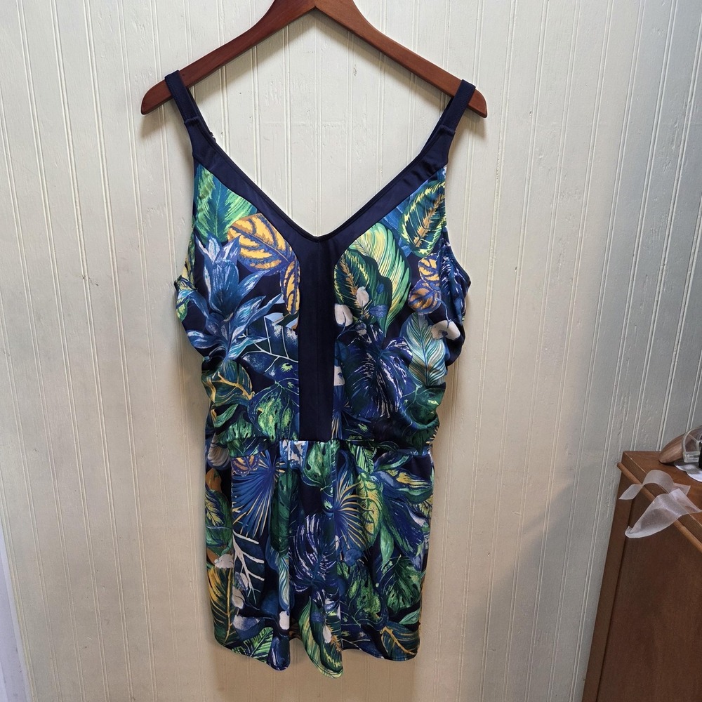 Susan‎ Graver Swimdress Womens 22W Plus Blue Tropical Floral Built In Bra Lined